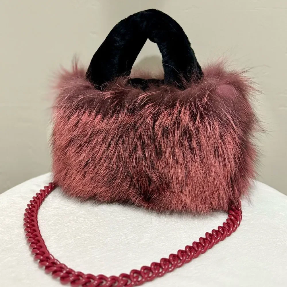 Maroon Handmade Dyed Real Fox Fur Bag With Fur Handle Includes 2 Strap Styles